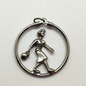 Vintage Silver Woman League Bowling Pendant Charm Lovely